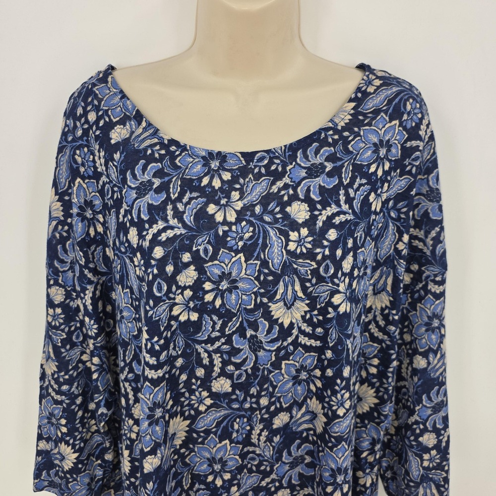 Rachel Zoe Linen Top Women 2X Blue Floral Scoop Neck Tunic Beachy Coastal Resort - Picture 2 of 11